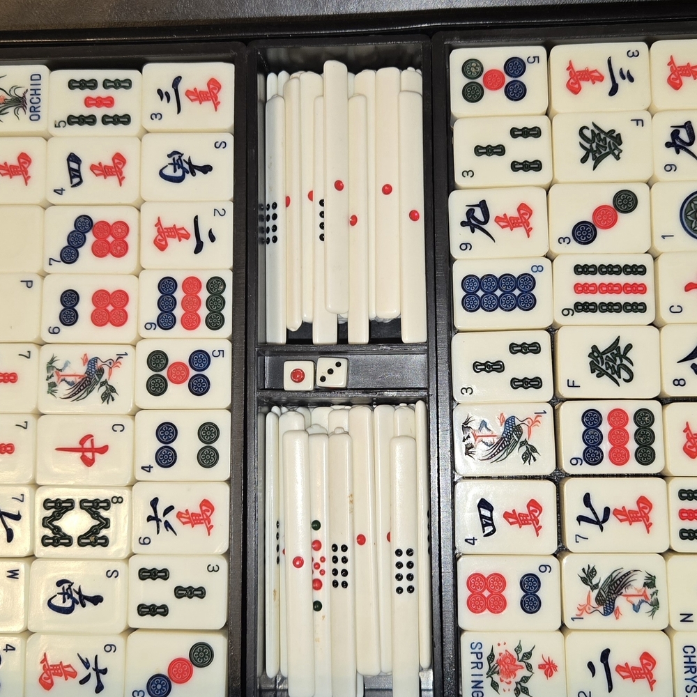 Classic Mahjong Tile Set - White with Red and Black Accents